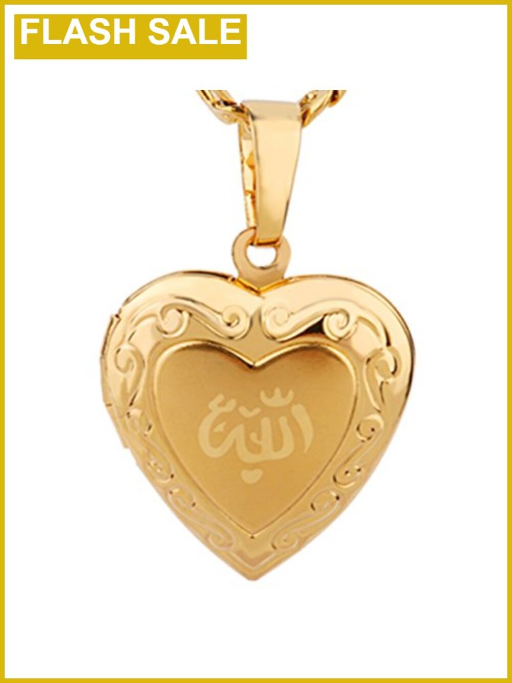 24K Gold Plated Allah Open Heart Pendant Necklace 50cm Water Wave Chain
